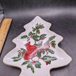 Vtg Lefton Red Cardinal with Holly  Christmas Tree Candy Dish Serving Dish Japan